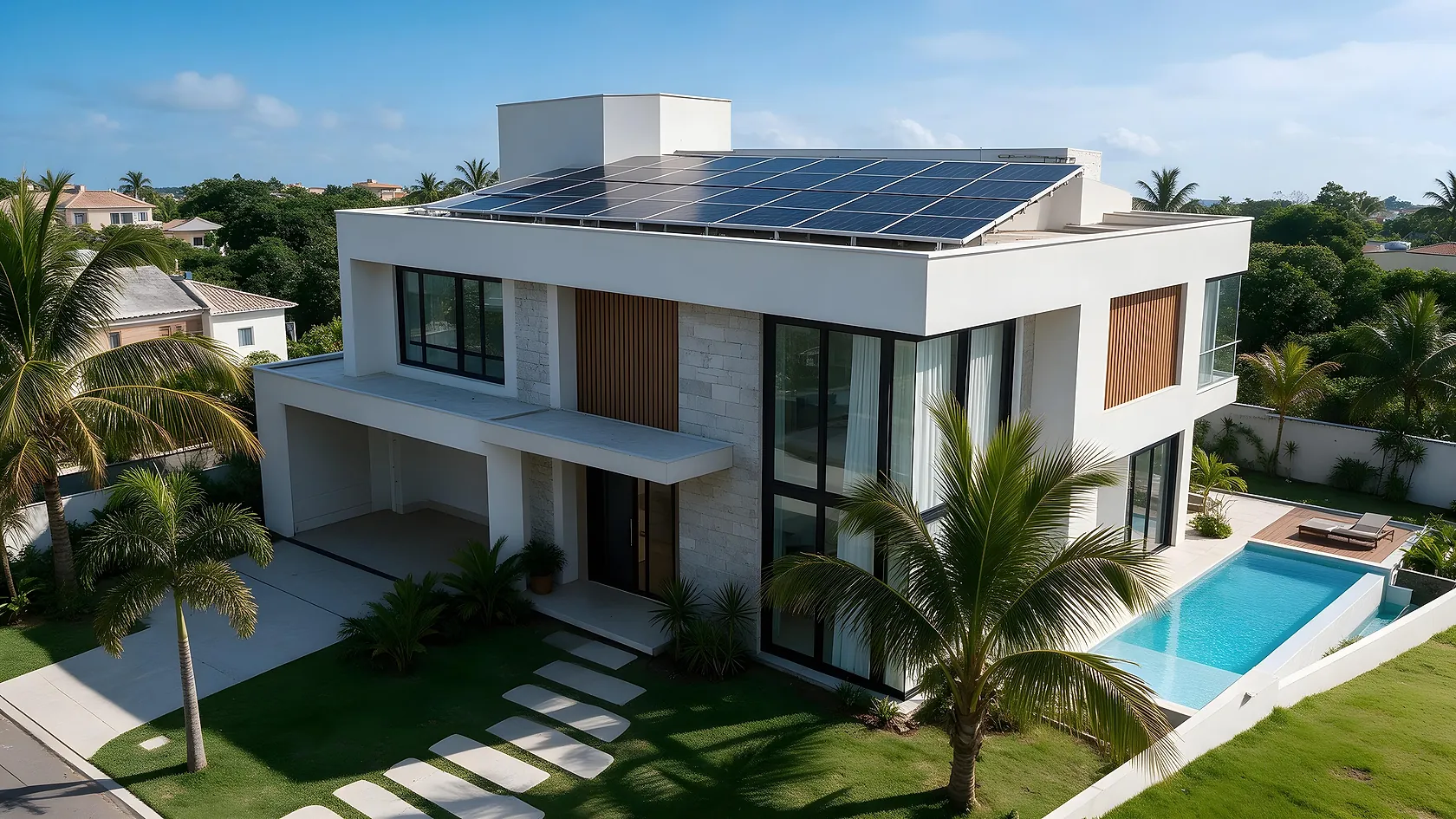 Residência com painéis solares na cobertura