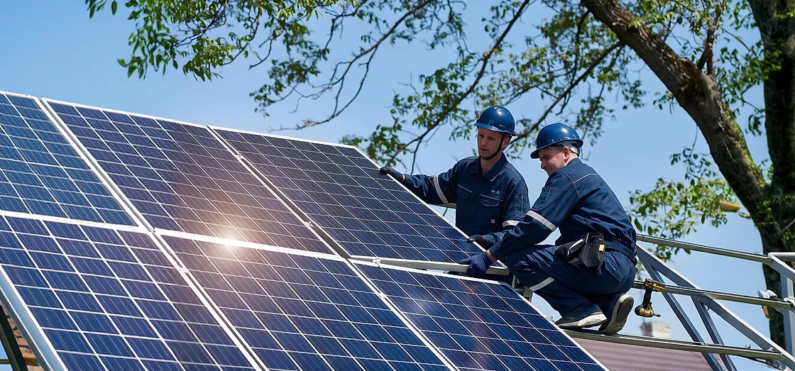 Dois instaladores da Solmais, de capacete e uniforme, montando módulos solares em um telhado